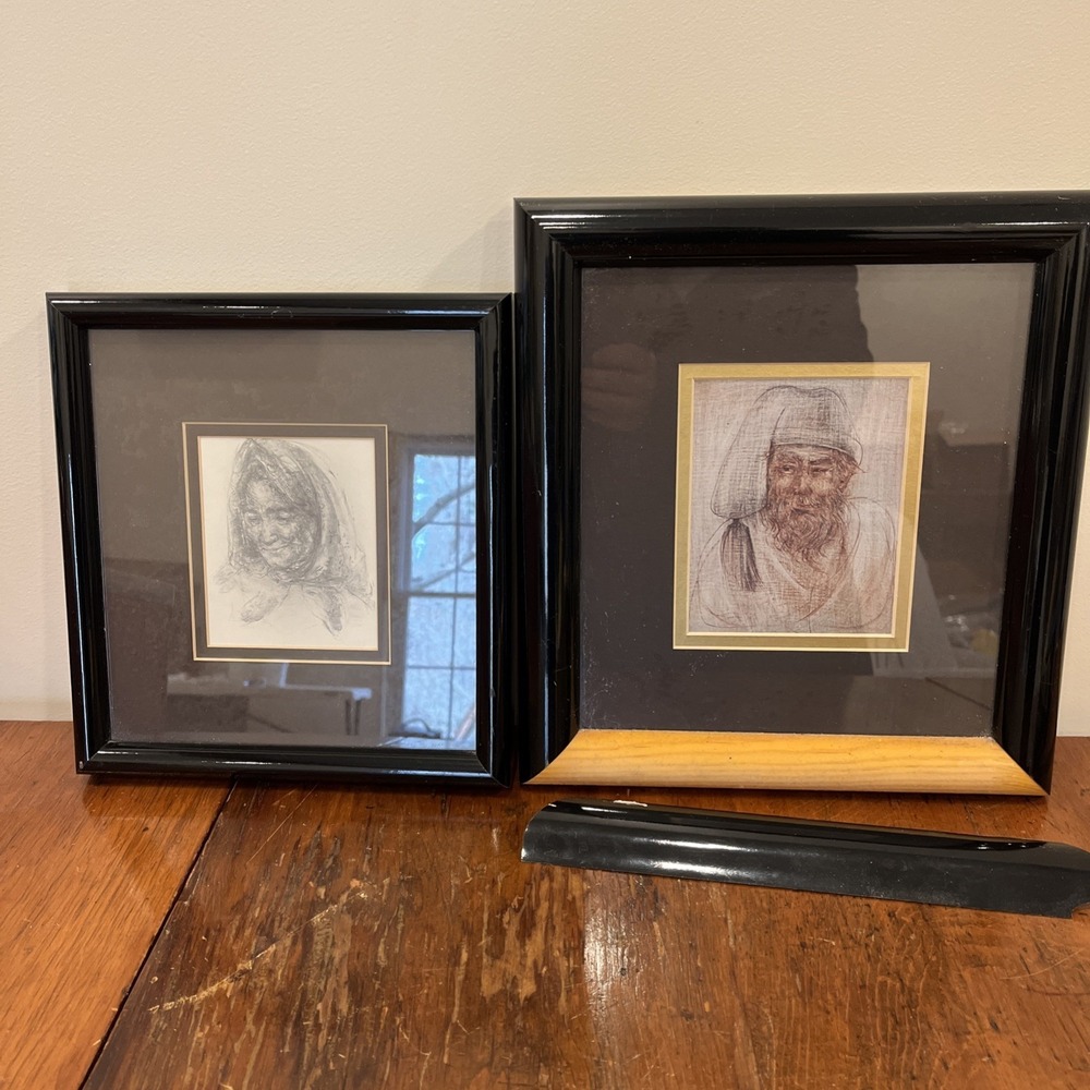 2 Vtg Framed Prints By Edna Hibel Old Man with Beard,‎ Old Woman With Scarf